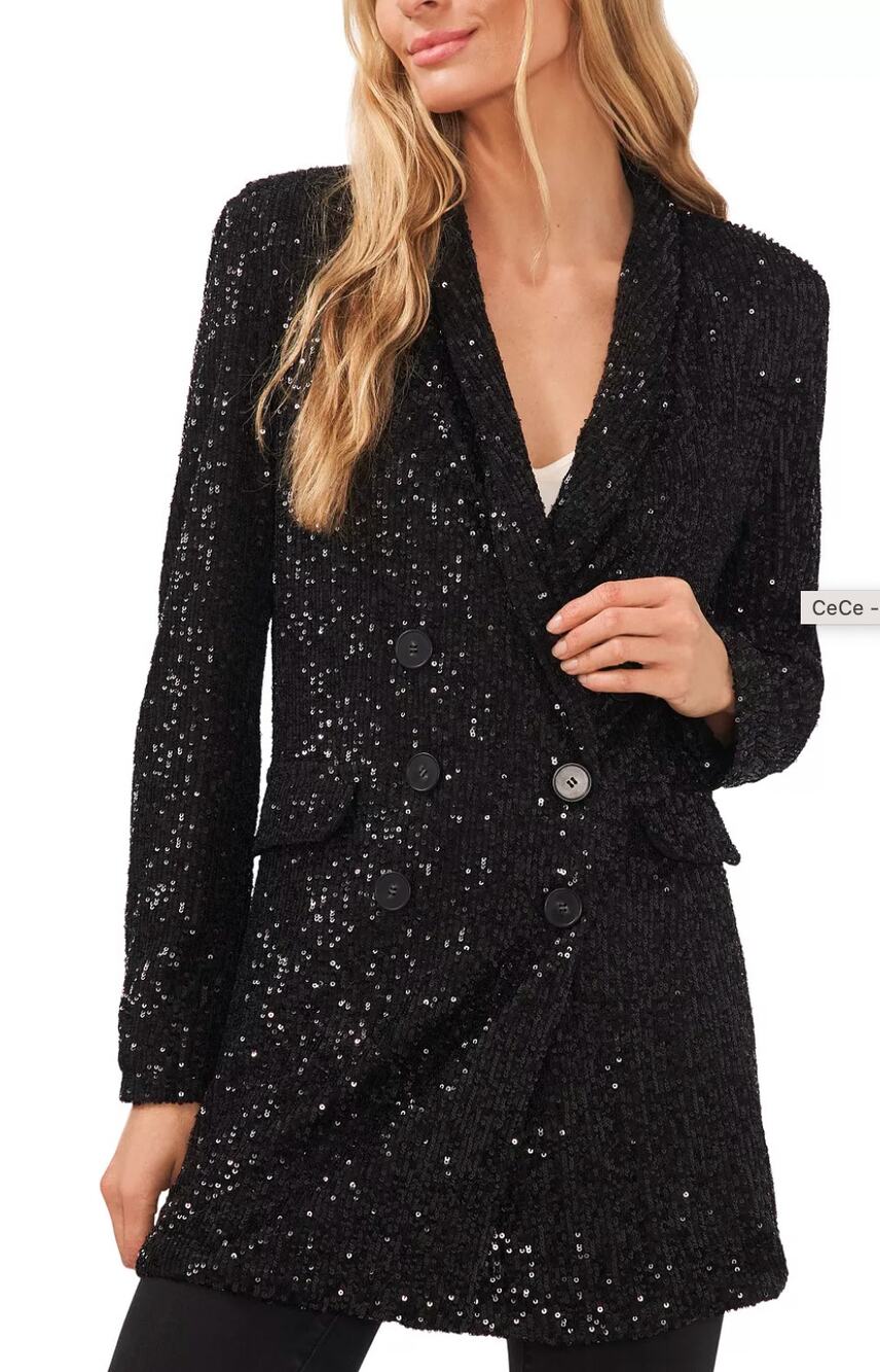 Women's Sequined Double Breasted Flap Pockets Long Blazer